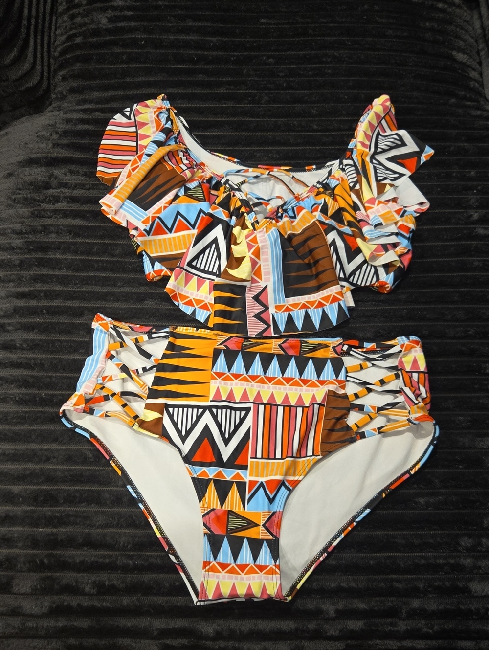 Colorful Geometric Ruffle Bikini Set
